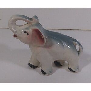 Vintage Elephant Figurine 3in Trunk Up Ceramic Figure Japan Gray Pink Ears